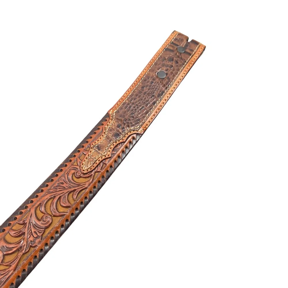 Vintage Tony Lama Tooled Leather Belt Size 40 Croc Embossed No Buckle Made USA
